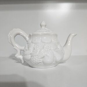 Source Unknown White Embossed Fruit Motif Ceramic Teapot